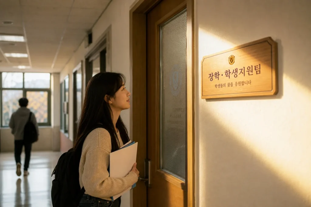 캠퍼스 내 교내장학금 공지 확인을 위해 장학 사무실을 찾아가는 대학생 