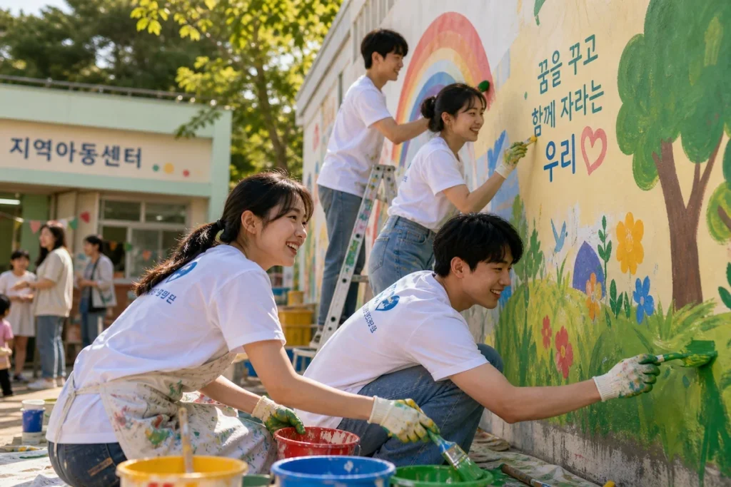 지역사회 벽화를 그리는 교보교육재단 장학생 봉사자들