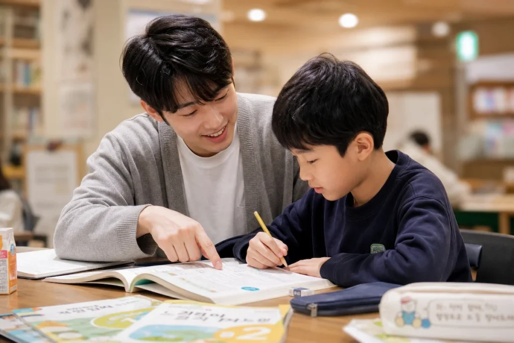 초등학생을 지도하는 롯데재단 장학생 멘토
