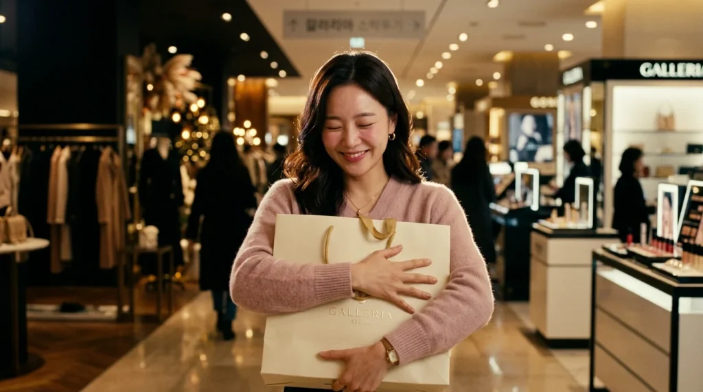 백화점에서 쇼핑백 든 행복한 여성 - 감성 쇼핑 필코노미 긍정 감정 소비