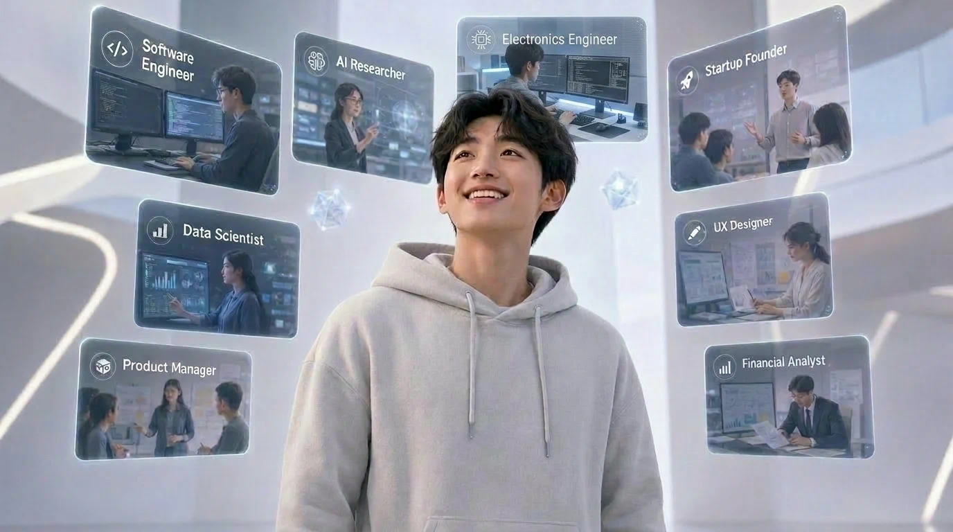 전공에 맞는 다양한 직무 선택을 고민하는 대학생 컨셉