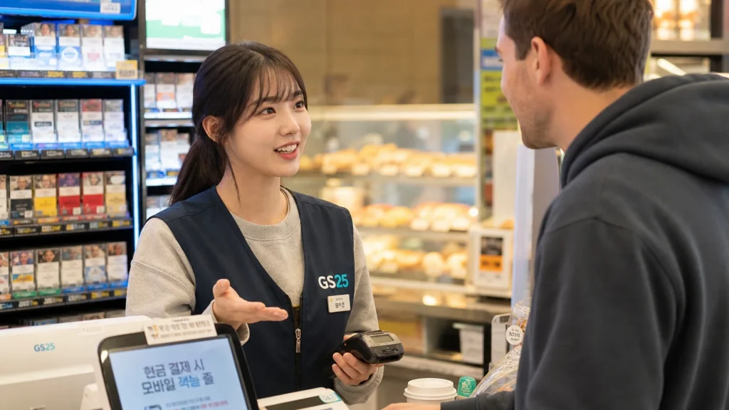 편의점 카운터에서 유니폼을 입은 한국 여학생 아르바이트생이 외국인 손님과 친근하게 대화하며 자연스럽게 설명하는 장면.