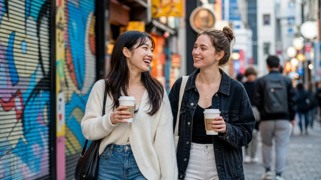 도시 거리에서 트렌디한 캐주얼 복장의 한국 여학생과 외국인 친구가 음료를 들고 즐겁게 대화하며 웃고 있는 장면.