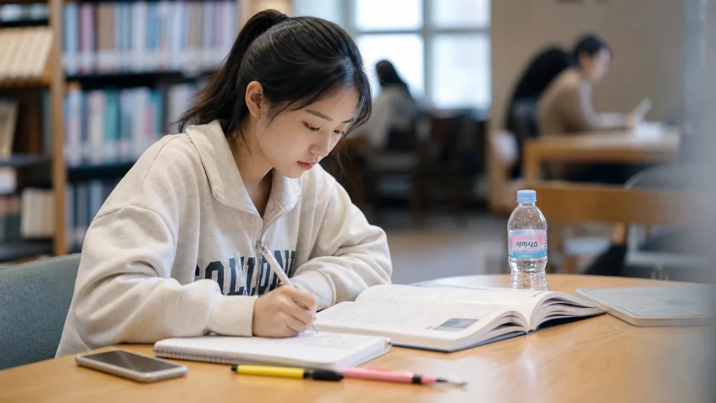 조용한 도서관에서 한 여학생이 나무 책상에 앉아 토익 영어 교재를 펼쳐놓고 펜을 들고 노트에 필기하며 집중해서 공부하고 있다.