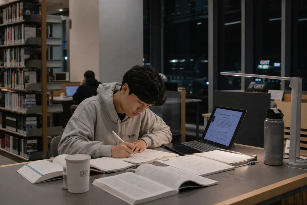 밤늦은 시간 도서관에서 공부하고 있는 GIST 학생