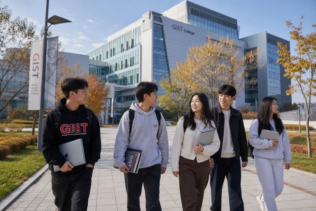 친구들과 함께 강의실로 걷고 있는 GIST 학생들