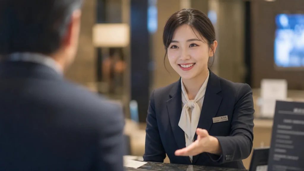 호텔 프론트에서 영어로 고객에게 정중한 안내를 하는 여성 호텔 프론트 직원
