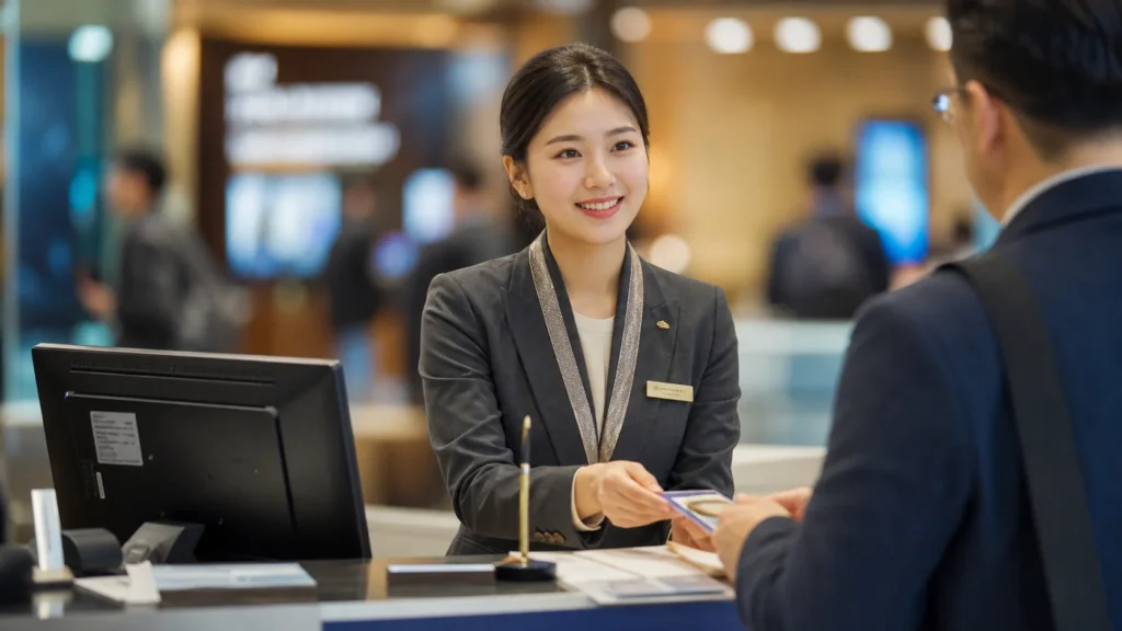 호텔 프론트 데스크 또는 공항 카운터에서 전문 유니폼을 입고 고객에게 환영 제스처와 따뜻한 미소를 보이는 23~28세 한국 서비스 직원. 배경은 블러 처리된 호텔 로비 또는 공항 카운터.
