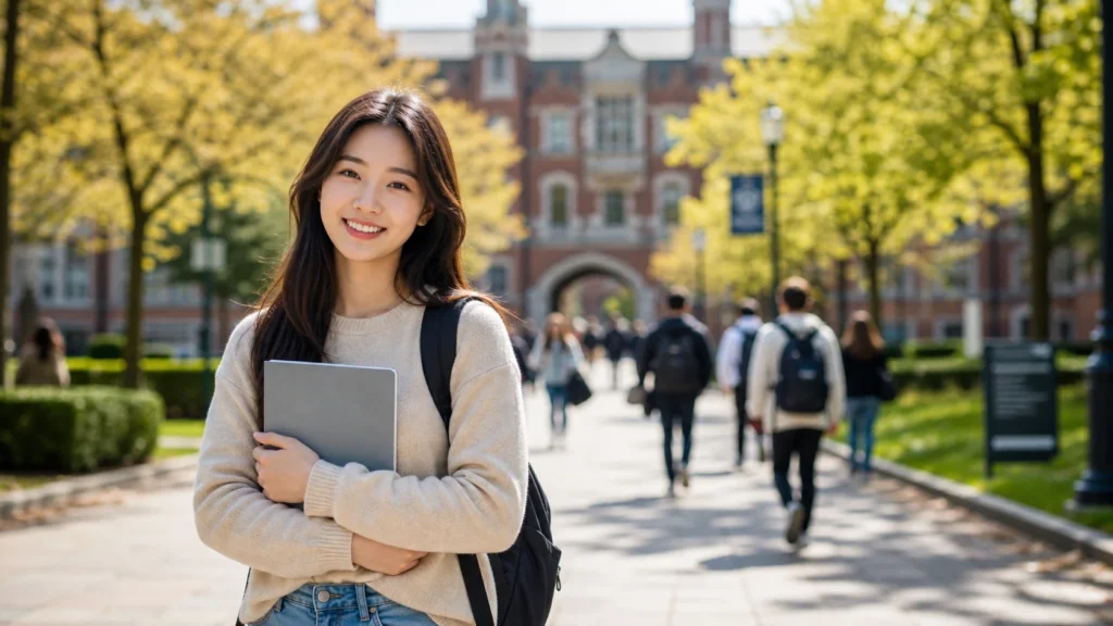 해외 대학 캠퍼스에서 백팩을 메고 교재를 든 한국 유학생이 자신감 있게 걸어가는 모습. 배경에는 블러 처리된 고전적인 벽돌 건물, 푸른 잔디, 나무가 있는 산책로와 멀리 걷는 다른 학생들이 보이며, 따뜻한 햇살이 비추는 가을 또는 봄 분위기.
