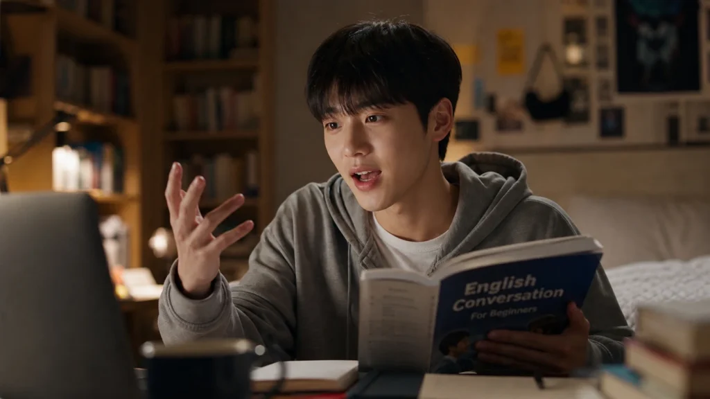 집 안 개인 방에서 편안한 복장의 한국 남학생이 영어 책이나 노트북을 보며 입을 벌리고 영어 말하기 연습을 하며 제스처를 취하는 모습. 