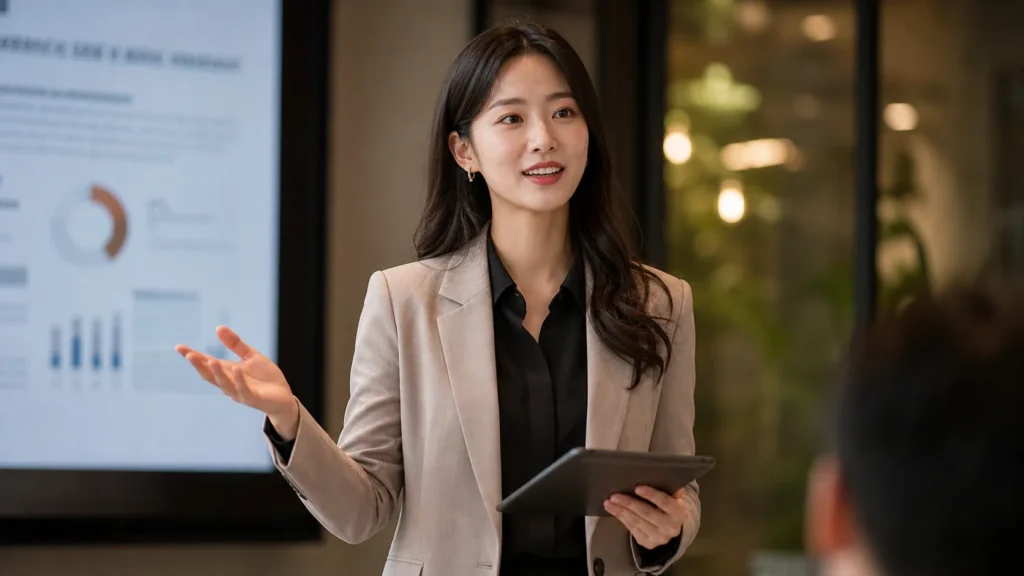 회의실에서 프레젠테이션 클리커를 들고 영어로 발표 중인 여성 마케팅 전문가. 스마트 캐주얼 복장에 자신감 있고 열정적인 표정과 제스처.