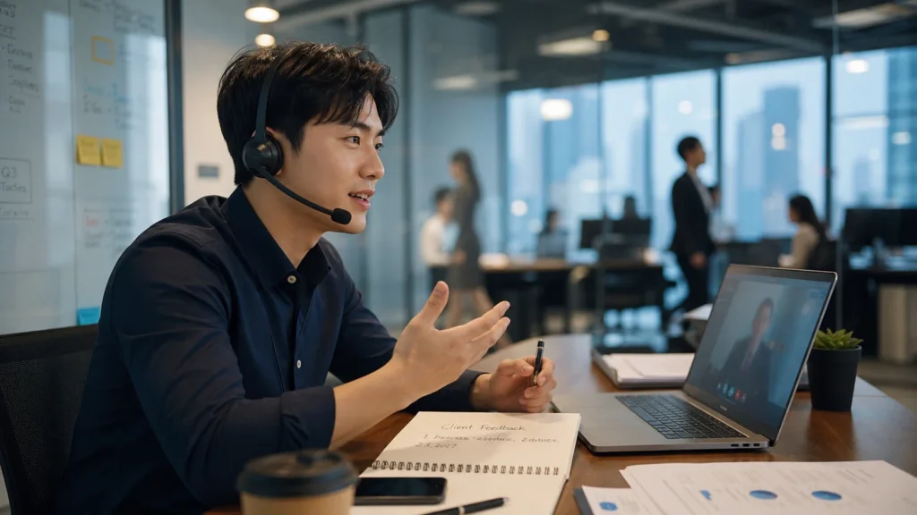 현대적인 사무실에서 젊은 직장인이 비즈니스 캐주얼 차림으로 헤드셋 마이크를 착용하고 노트북 화면을 보며 국제 고객과 화상 회의 중이다. 
