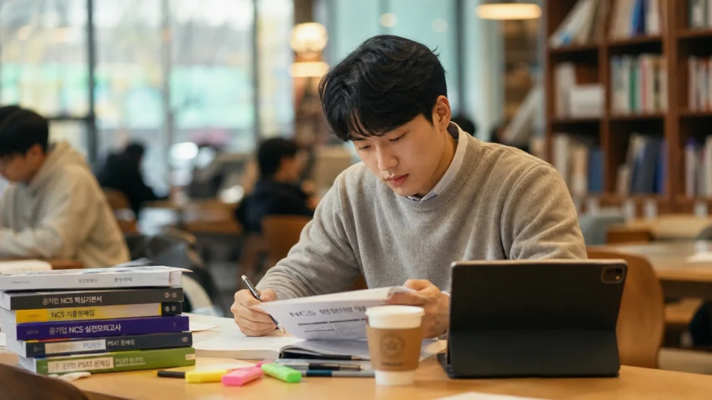 연구 책상에서 학술 논문과 저널, 노트북(데이터·그래프 화면)을 보며 집중해서 공부하는 24~29세 한국 대학원생·연구원. 캐주얼 학술 복장(후디·가디건)에 집중하고 사색적인 표정. 배경은 블러 처리된 대학 실험실·도서관.