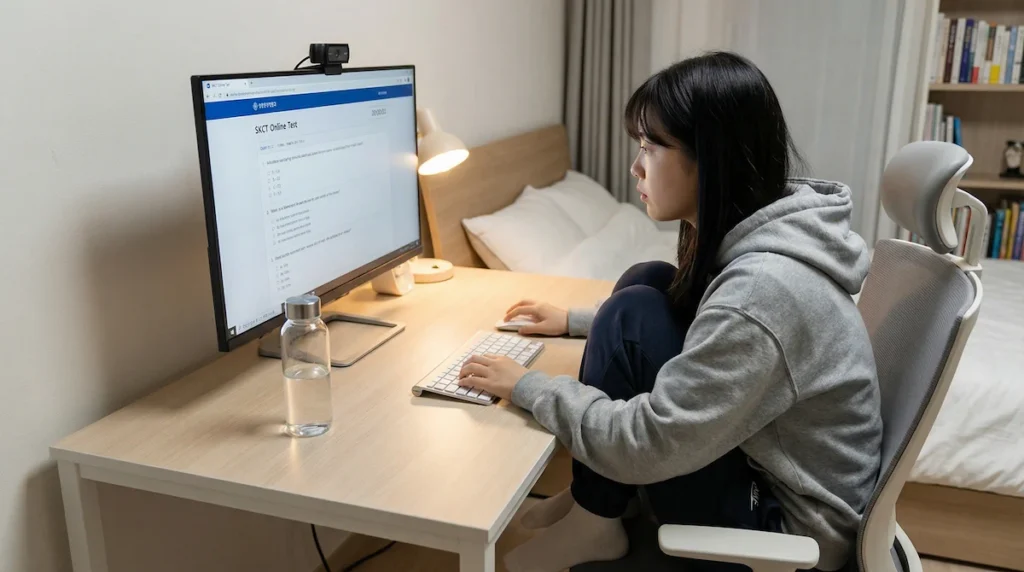 집에서 SKCT 시험을 보고 있는 학생