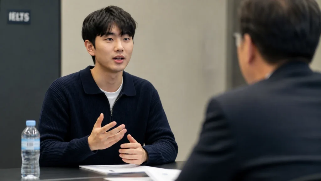 면접실에서 한 학생이 면접관과 마주 앉아 IELTS 스피킹 시험을 보고 있다.