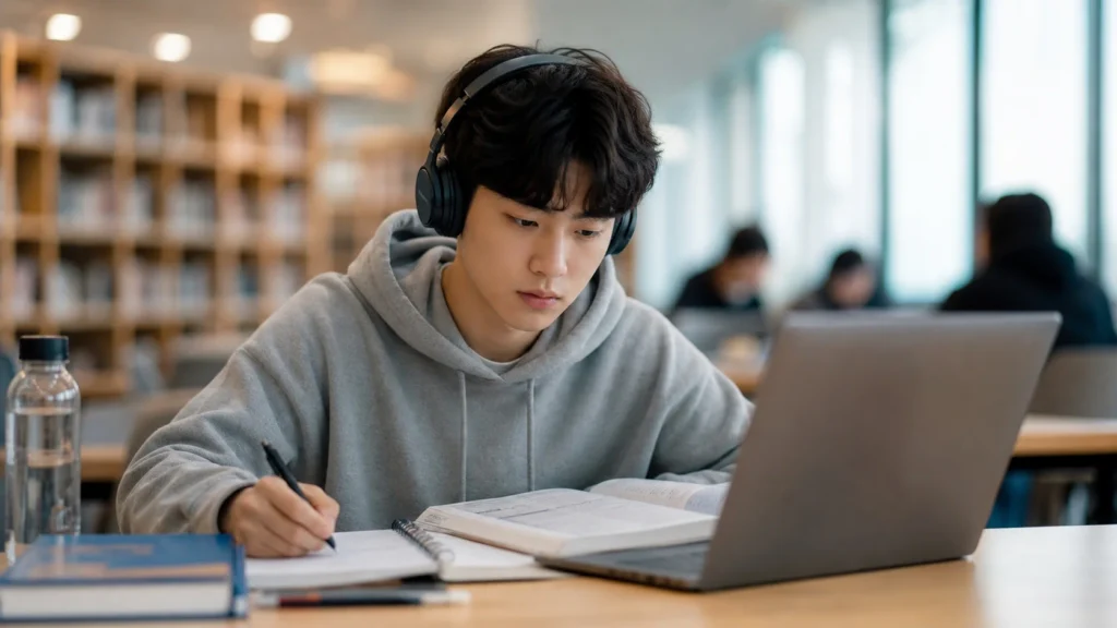 도서관에서 한 학생이 헤드폰을 착용하고 교재 또는 노트북을 보며 영어 리스닝 연습을 하고 있다. 펜을 들고 노트에 필기하며 집중한 표정이다.
