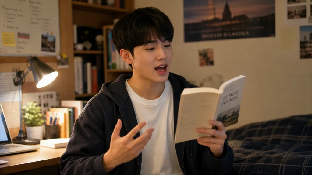 자신의 방에서 한 학생이 영어 소설책을 한 손에 들고 책을 내려다보며 소리 내어 영어를 연습하고 있다. 입을 벌리고 말하는 중이며, 다른 손으로 자연스럽게 제스처를 취하고 있다.