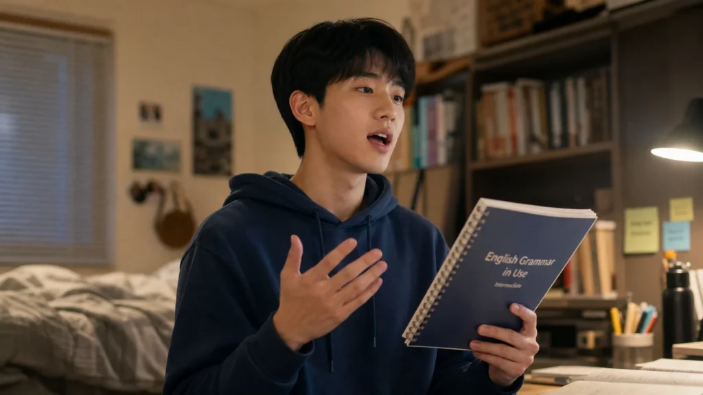 자신의 방에서 한 학생이 영어 책을 들고 소리 내어 말하며 스피킹 연습을 하고 있다. 입을 벌리고 열정적으로 말하는 중이며, 한 손으로 자연스러운 제스처를 취하고 있다.