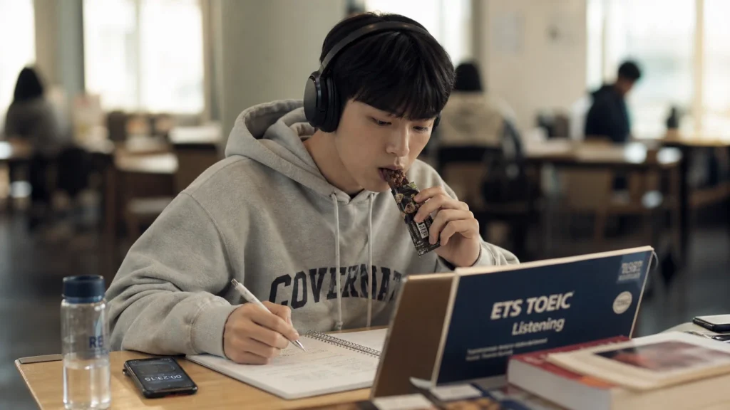 도서관 스터디 공간에서 한 학생이 회색 후디를 입고 오버이어 헤드폰을 착용한 채 'ETS TOEIC Listening' 교재를 펼쳐놓고 노트에 필기하며 한 손으로 에너지 바를 먹고 있다. 책상 위에는 물병, 스마트폰, 여러 권의 책이 놓여 있고, 배경은 블러 처리된 다른 학생들이 보인다.