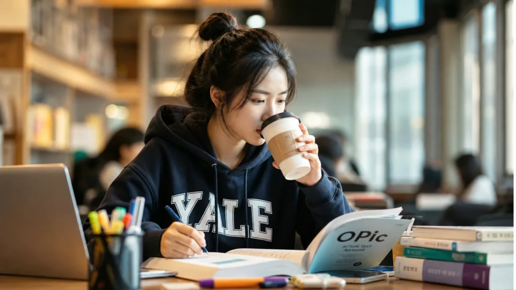도서관 스터디 공간에서 한 학생이 OPIc 공부에 집중하고 있다. 한 손으로 커피를 마시면서 다른 손으로 펜을 들고 교재를 보며 자연스럽게 멀티태스킹하고 있다. 