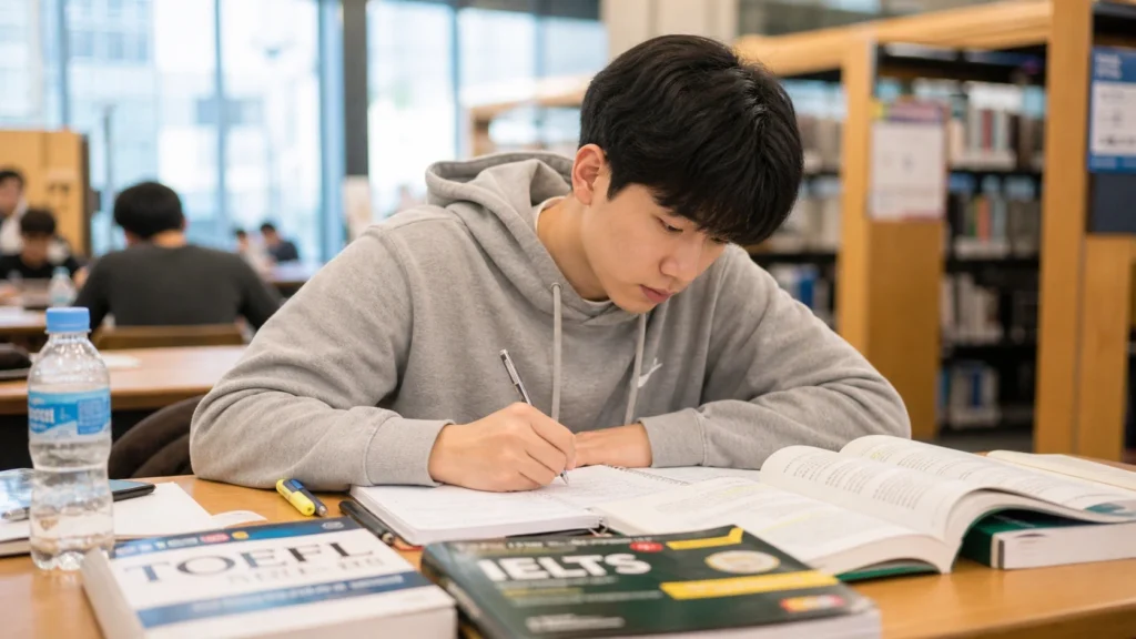 도서관에서 한 학생이 책상에 앉아 두꺼운 영어 시험 교재를 펼쳐놓고 펜으로 노트에 필기하며 집중해서 공부하고 있다.