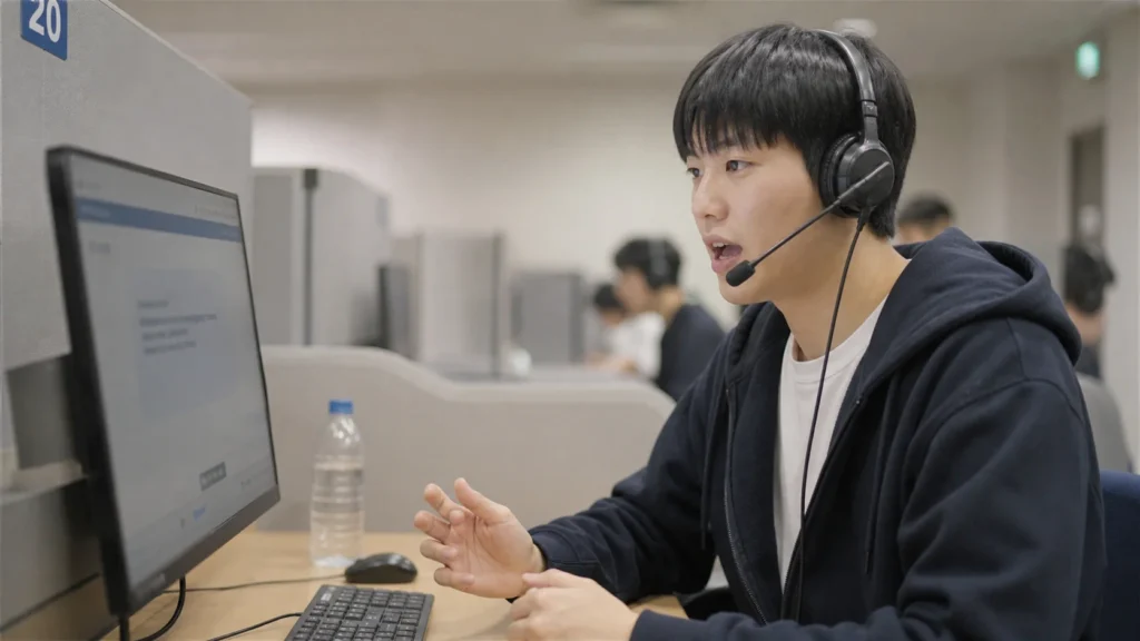 시험 센터에서 한 학생이 개별 부스의 컴퓨터 앞에 앉아 헤드셋을 착용하고 OPIc 스피킹 시험을 보고 있다. 학생은 마이크에 대고 말하며 컴퓨터 화면을 보고 있고, 약간 긴장된 표정이지만 집중해서 답변하고 있다.