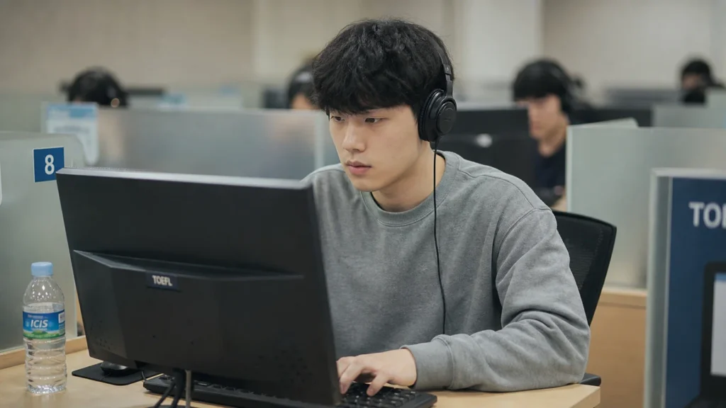 시험 센터에서 한 학생이 컴퓨터 앞에 앉아 헤드폰을 착용하고 TOEFL 시험을 보고 있다. 학생은 화면을 집중해서 보고 있으며 키보드에 손을 올려놓고 있다.