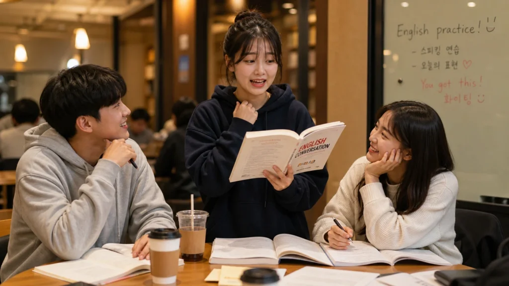 스터디 공간에서 3명의 친구들이 함께 영어 공부를 하고 있다. 중앙의 여학생이 책을 들고 수줍은 표정으로 영어 대사를 연기하며 말하고 있고, 양옆의 두 친구들은 앉아서 따뜻한 미소를 지으며 집중해서 지켜보고 있다.
