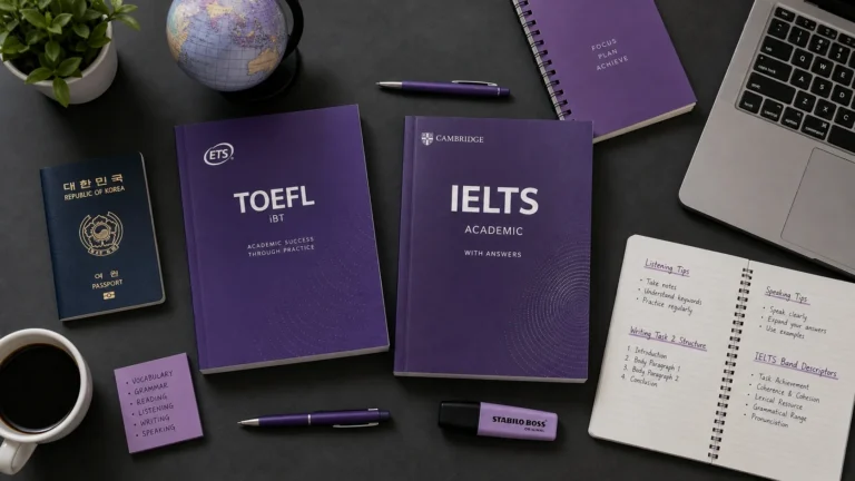 어두운 회색 책상 위에 TOEFL 교재, IELTS 교재, 진한 남색 한국 여권, 지구본, 노트북, 보라색 노트와 펜이 플랫레이 구도로 배치되어 있다.