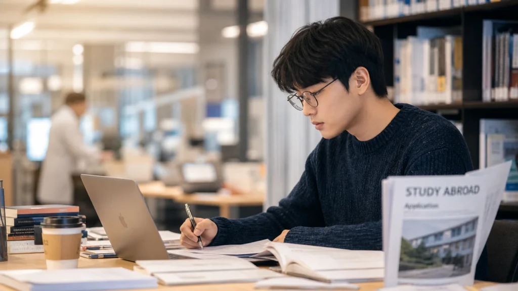 도서관 책상에서 토익 수험서와 노트를 펼쳐놓고 펜을 들고 필기하며 공부하는 한국 취업 준비생