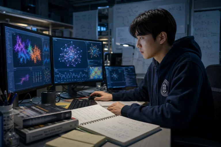 AI 프로그램으로 인공지능 시뮬레이션을 하고 있는 컴퓨터공학과 학생, 컴퓨터공학과 전공선택 가이드 대표 이미지