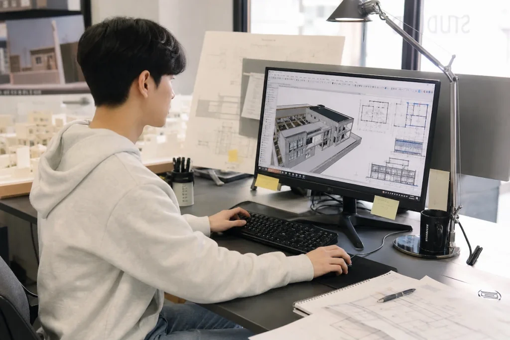 ArchiCAD 건물 설계 작업 중인 건축학과 학생