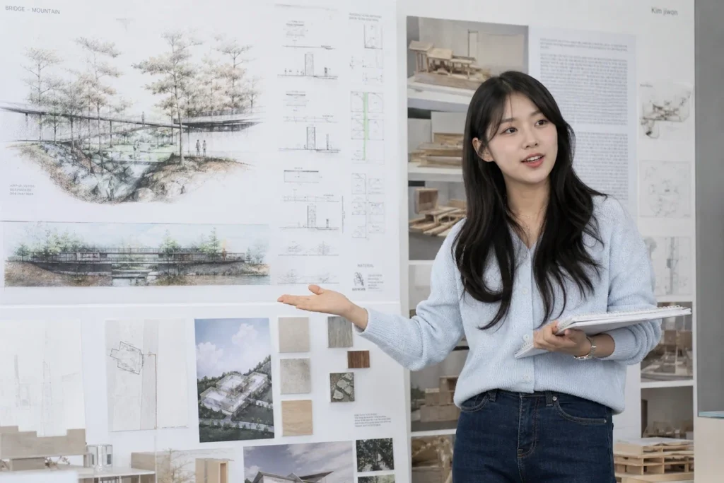 디자인 포트폴리오 프레젠테이션을 하는 건축학과 학생