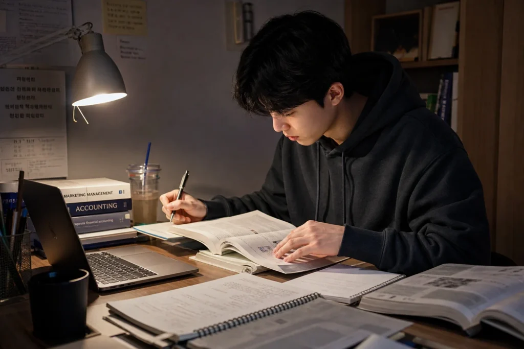 늦은 밤 시험 공부 중인 경영학 전공 학생