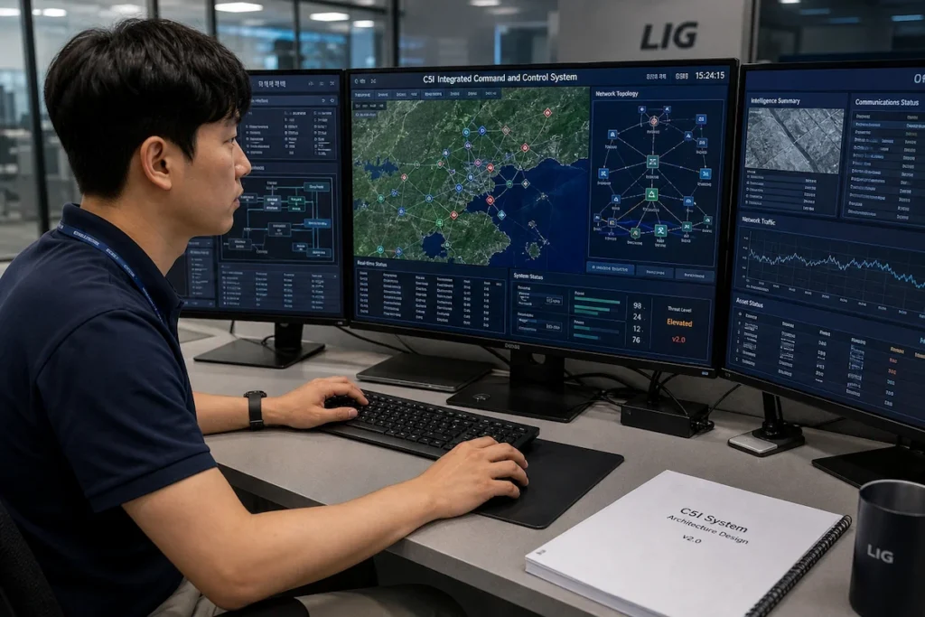 현대적인 워크스페이스에서 군 배치 및 이동 전장관리 시스템을 개발하는 C5I 엔지니어
