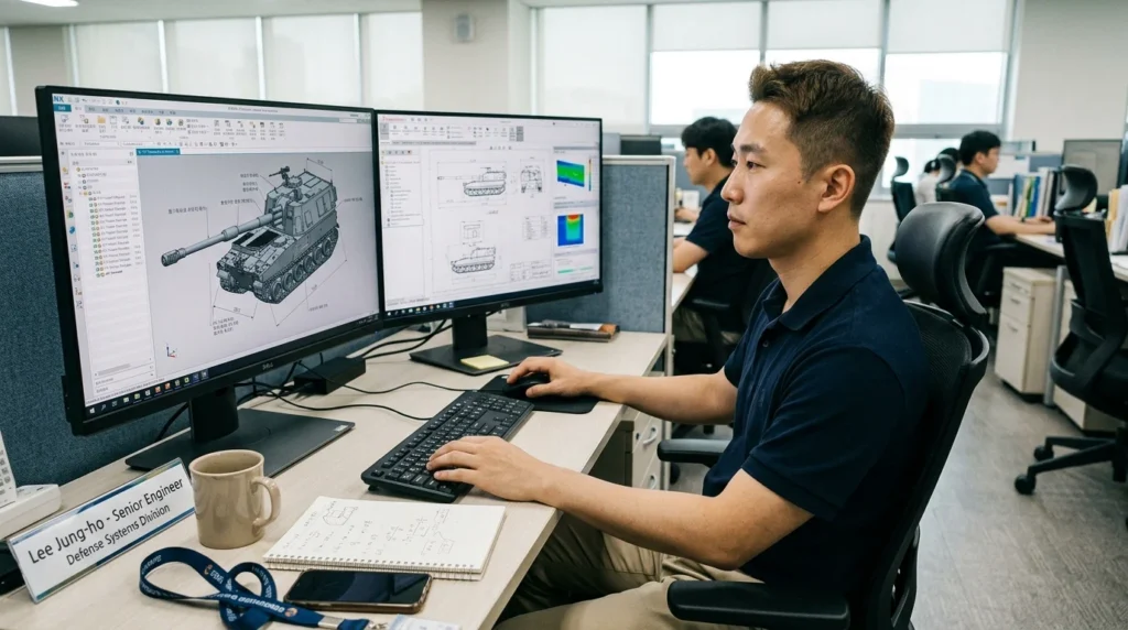 CAD 작업중인 전차 개발 엔지니어