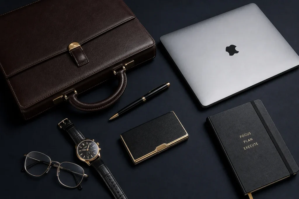 다크 네이비 배경 위에 갈색 가죽 서류가방, 실버 MacBook, 골드 시계, 안경, 명함 케이스, 펜, 'FOCUS PLAN EXECUTE' 노트북이 플랫 레이 구도로 배치되어 전문성과 커리어를 상징하고 있다.