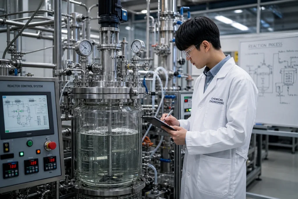화학공학과 학생이 바이오 반응기(bioreactor) 실험을 진행하며 공정 데이터를 기록하는 모습