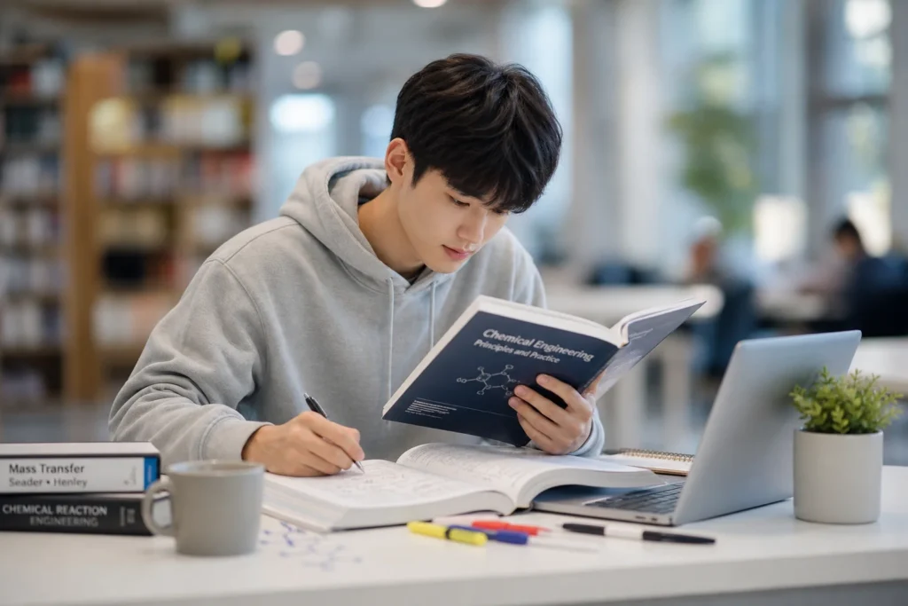 도서관에서 공부하고 있는 화학공학과 학생