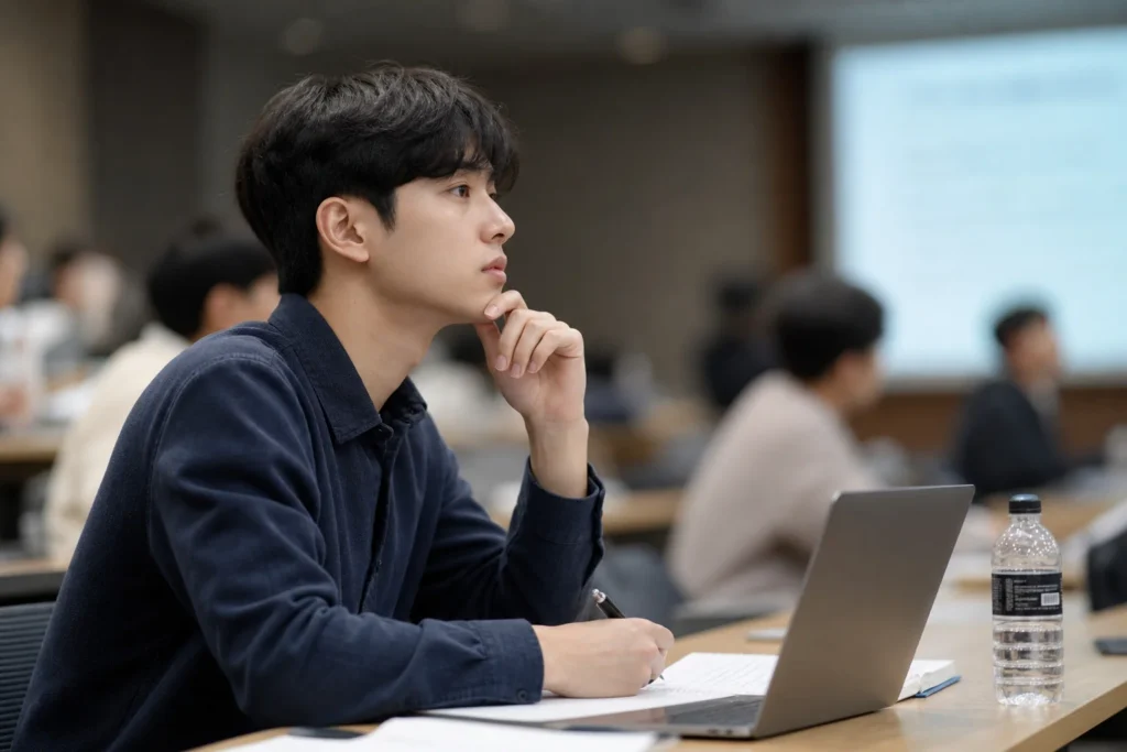 화학공학과 학생이 강의실에서 열역학 또는 반응공학 수업을 들으며 노트에 열심히 필기하는 모습