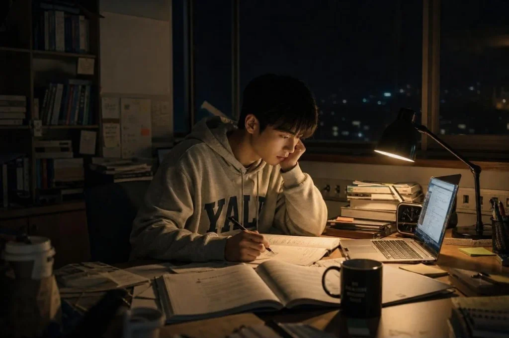 화학공학과 3학년 학생이 밤샘 공부로 화공열역학 과제를 풀고 있는 모습