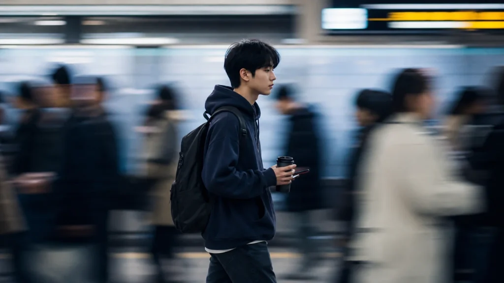 대학생이 아침 러시아워 전철역에서 가방을 메고 북적대는 출퇴근 인파 사이를 바삐 걸어가고 있다. 피곤하지만 익숙한 표정이며, 주변 사람들은 모두 움직임 블러로 처리되어 바쁜 출근 시간대의 분위기를 전달한다.
