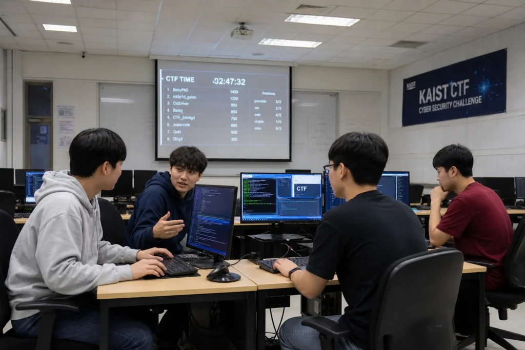 대학 컴퓨터실에서 CTF 사이버 보안 대회에 참가 중인 컴퓨터공학과 학생 4명