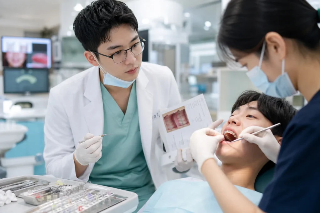 검정 안경을 쓴 남학생 치의학과 학생이 민트 그린 치과 스크럽과 흰색 가운 차림에 마스크를 목에 내리고 교정 클리닉에서 치과 의자 옆에 서서 앞으로 숙여 관찰하고 있는 모습. 오른손에 치과 기구나 교정 도구를 들고 보조할 준비가 되어 있고, 왼손에는 환자 차트나 교정 기록을 들고 있음. 앞쪽으로 흐릿하게 30-40대 여성 교정 전문의가 실제 환자(15-17세 청소년, 치아에 교정 브라켓이 보임)의 교정 장치를 조정 중. 옆 트레이에 교정 기구들이 보이며 매우 흐릿한 교정 클리닉 배경.
