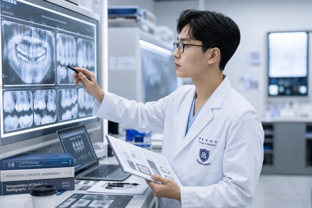 검정 사각 안경을 쓴 남학생 치의학과 학생이 연한 블루 또는 흰색 치과 스크럽과 흰색 가운 차림으로 치과 방사선 판독실에서 라이트박스나 디지털 방사선 모니터에 표시된 치과 X-ray 영상 앞에 서서 오른손으로 펜이나 포인터로 영상의 특정 부위를 가리키고 왼손으로 환자 차트나 진단 참고서를 들고 있는 모습. 치아 병리, 충치, 뼈 구조를 분석하며 집중. 책상에 추가 필름, 치과 해부학 교재, 방사선 판독 가이드, 노트북이 보이며 밝은 방사선 판독실 배경.