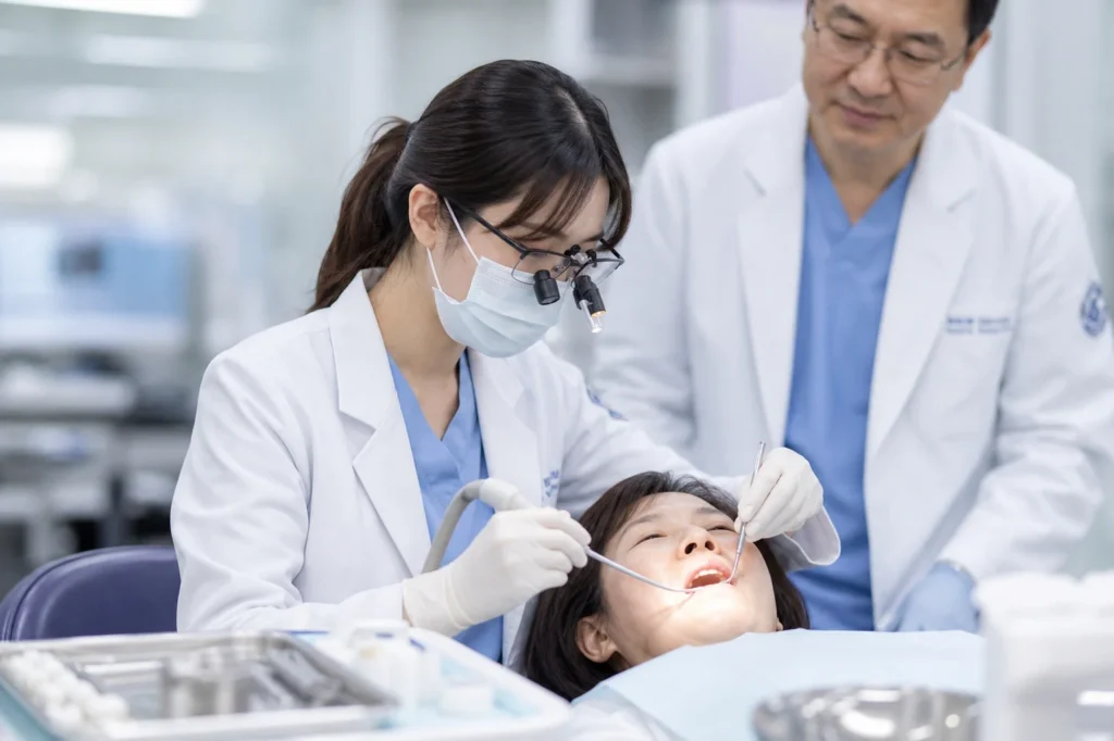 연한 블루 치과 스크럽과 흰색 가운을 입고 수술 마스크를 착용하고 확대경을 쓴 여학생 치의학과 학생이 실제 치과 클리닉에서 치과 의자에 누운 실제 환자(40-50대 중년 여성, 입을 벌린 상태)를 지도의 감독 하에 치료하고 있는 모습. 올바른 인체공학적 자세로 앞으로 숙여 오른손에 치과 기구를 들고 환자 구강 내 치료 중, 왼손으로 석션이나 협측 견인. 뒤쪽으로 흐릿하게 40-50대 남성 지도 치과의사가 서서 승인하며 관찰 중. 환자는 편안해 보임. 트레이에 치과 기구와 치료 재료가 보이며 매우 흐릿한 실제 치과 클리닉 배경.