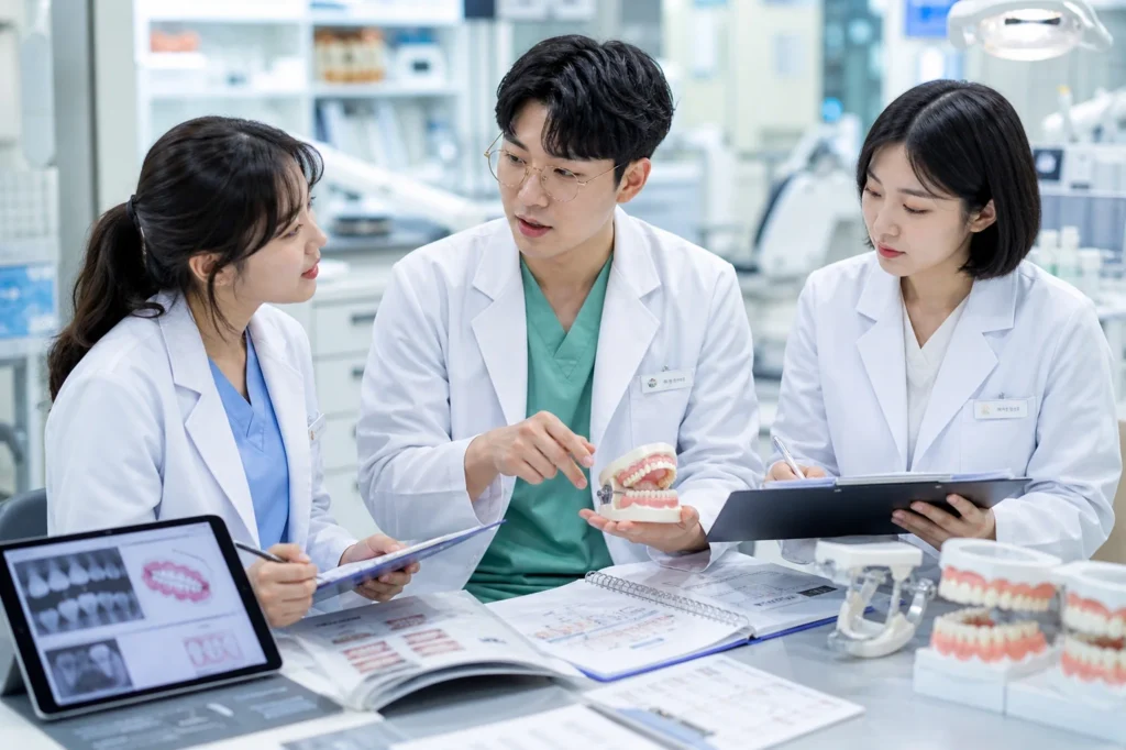 연한 블루, 민트 그린, 흰색 치과 스크럽과 흰색 가운을 입은 세 명의 치의학과 학생들이 치과 클리닉 상담 구역에서 임상 치과 케이스를 토론하고 있는 모습. 중앙 남학생은 금테 안경 차림으로 오른손에 환자 차트나 치아 모형을 들고 특정 치아 구조를 가리키며 케이스를 발표 중, 좌측 여학생은 치과 교재나 태블릿을 들고 경청하며 질문 중, 우측 여학생은 치과 X-ray를 검토하거나 클립보드에 노트 작성 중. 책상에 환자 차트, 치아·턱 모형, 치과 X-ray, 치료 계획서, 태블릿이 보이며 밝은 치과 클리닉 배경.