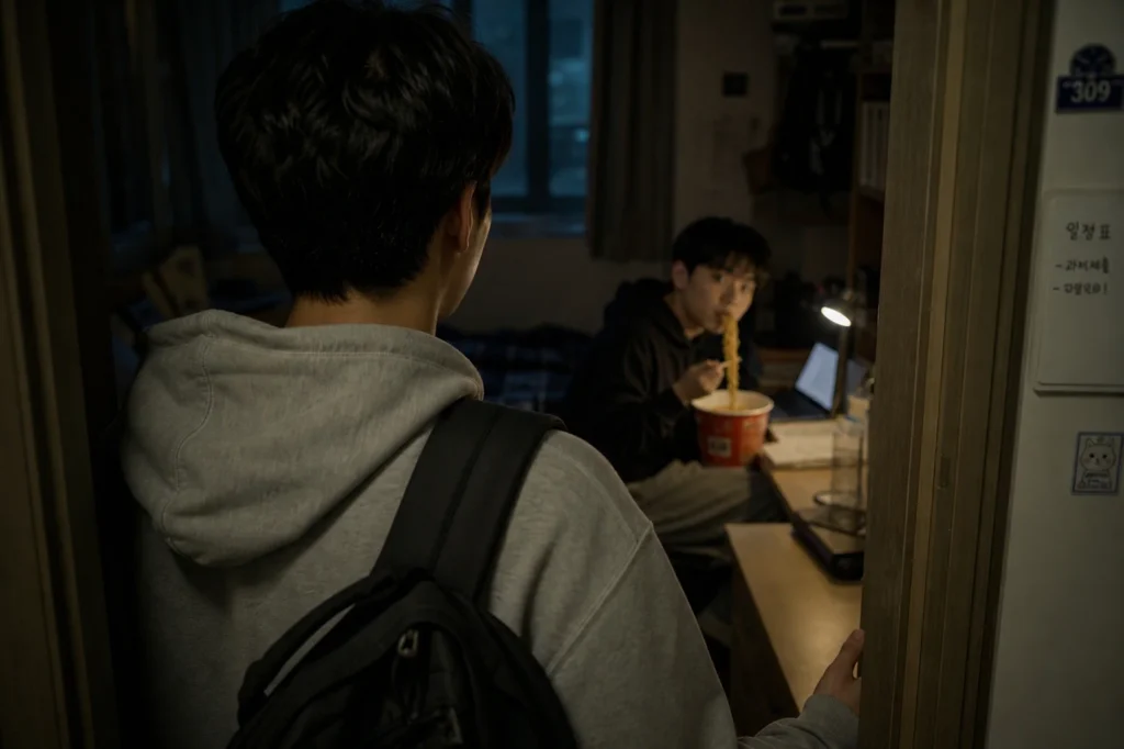 밤늦게 기숙사 방문을 열고 들어서는 학생의 뒷모습. 어두운 방 안쪽에서 룸메이트가 침대에 앉아 컵라면을 먹다가 젓가락에 면을 든 채 이쪽을 돌아보며 약간 민망한 표정을 짓고 있다.