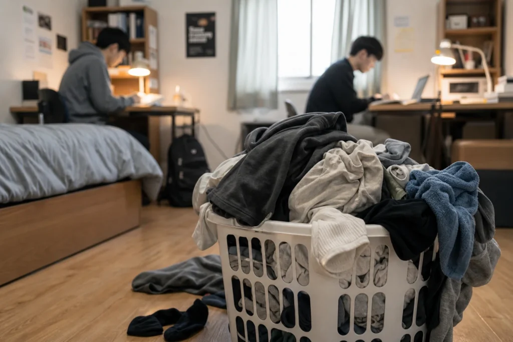 깔끔하게 정돈된 기숙사 방 전경에 방치된 빨래 바구니가 클로즈업되어 있다. 바구니에는 구겨진 옷가지들이 마구 쌓여 며칠째 안 빤 듯 넘칠 듯하다. 배경에는 블러 처리된 두 명의 학생이 각자 책상에서 공부하고 있으며, 한 자리는 비어 있다.