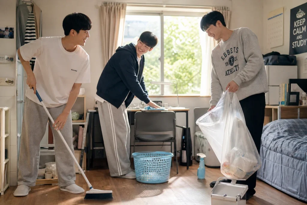 기숙사 방에서 3명의 룸메이트가 함께 청소하며 즐거워하고 있다. 한 명은 빗자루로 바닥을 쓸고, 한 명은 걸레로 닦고, 한 명은 정리하며 모두 웃으며 대화하고 있다. 밝은 자연광이 창문으로 들어와 상쾌한 분위기를 만든다.